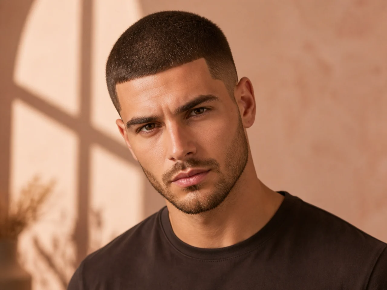realistic photo of a classic buzz cut with sharp edges on thick dark hair, ideal for square and oval face shapes, styled sleek and clean