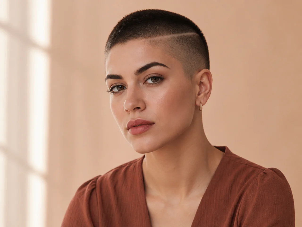 realistic photo of an asymmetrical buzz cut on thick reddish-brown hair, highlighting one side longer than the other, suited for round and oval face shapes, styled dramatically