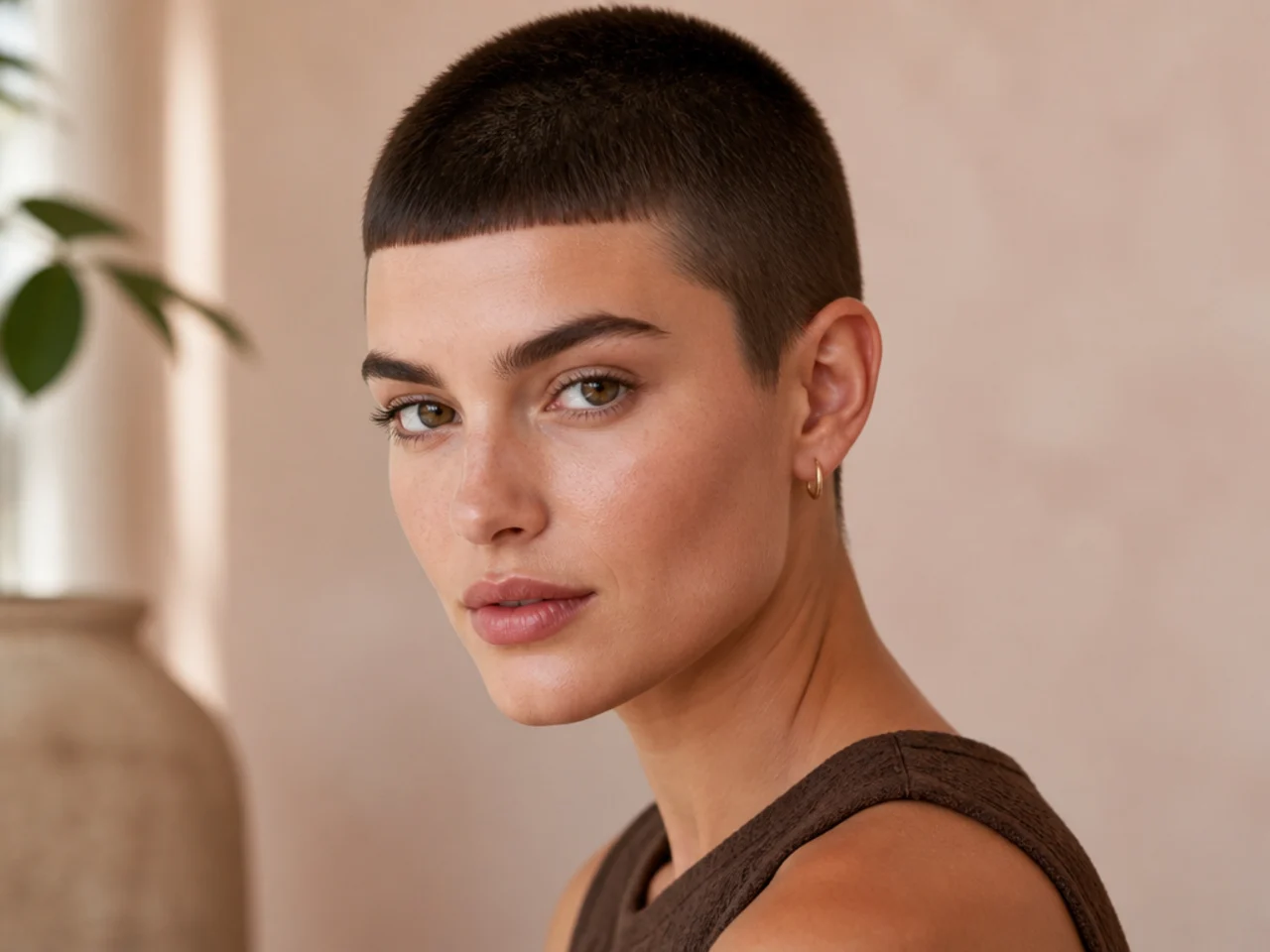 realistic photo of a buzz cut with a blunt fringe on thick black hair, perfect for oval and rectangular face shapes, styled straight and sleek