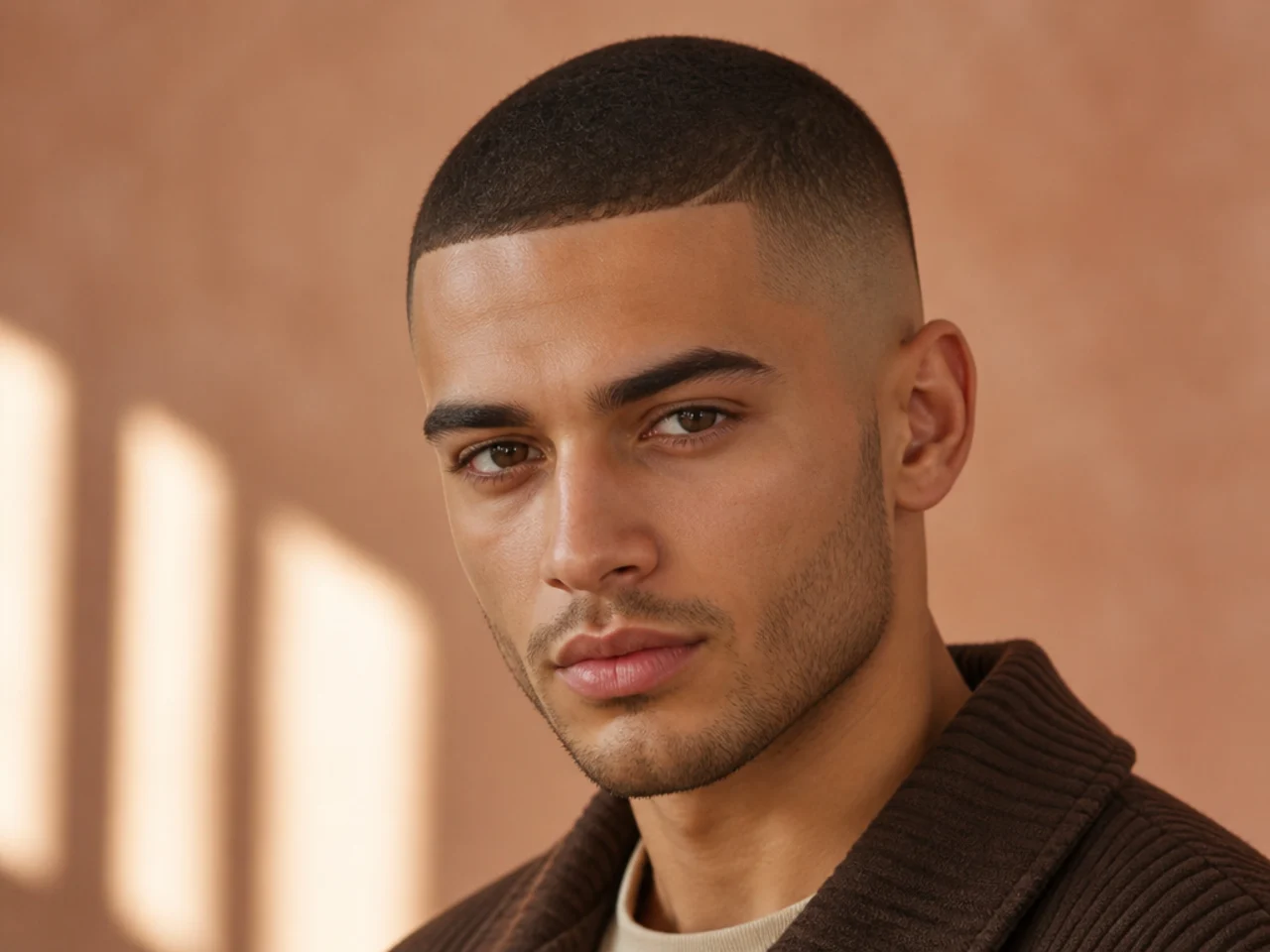 realistic photo of a soft curved buzz cut on thick soft-brown hair, featuring rounded corners, suited for oval and heart face shapes, styled with a natural finish