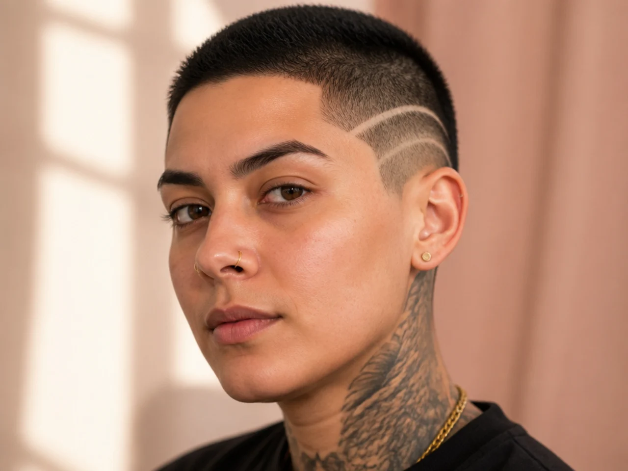 realistic photo of an undercut buzz cut featuring a line design shaved into the side, on thick black hair, ideal for heart-shaped and round face shapes, styled sleek on top