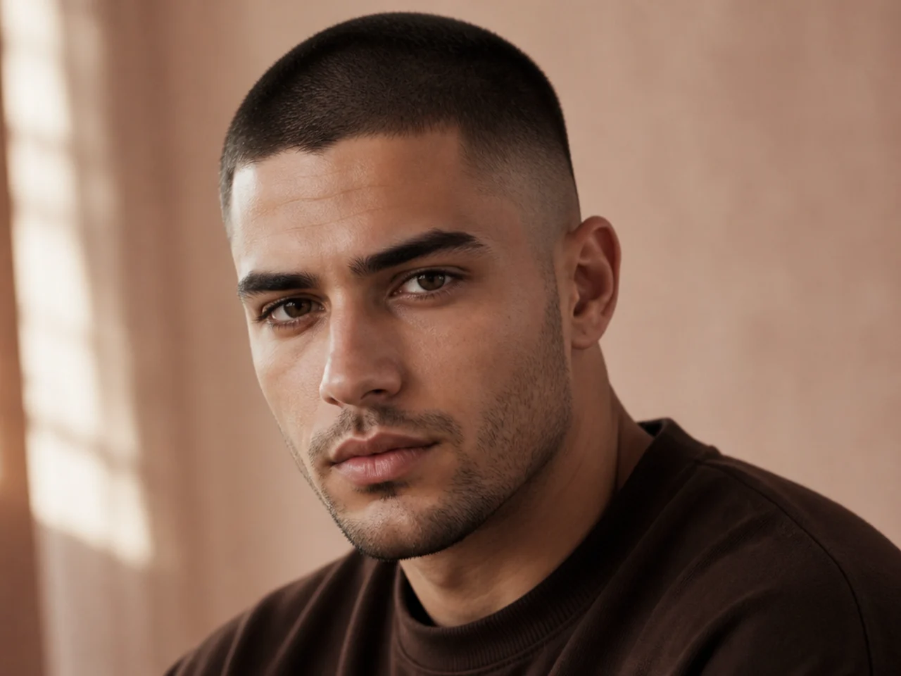 realistic photo of a blunt buzz cut with a subtle fade at the nape, on thick medium brown hair, flattering oval and rectangular face shapes, styled smooth and sleek