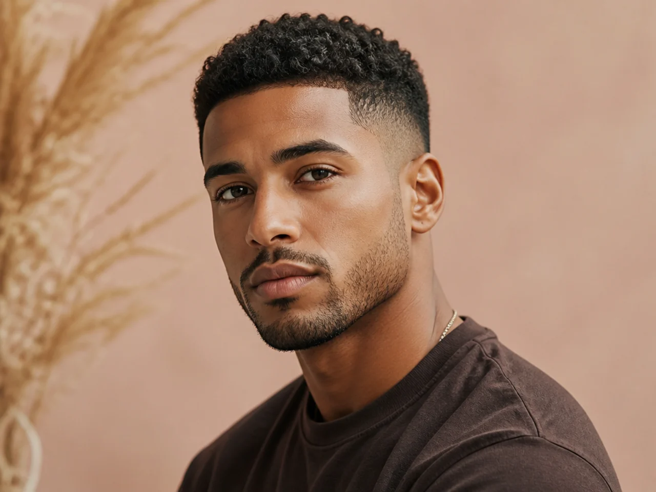 realistic photo of a curly buzz cut with tapered sides, on thick curly auburn hair, complementing round and oval face shapes, styled natural and free