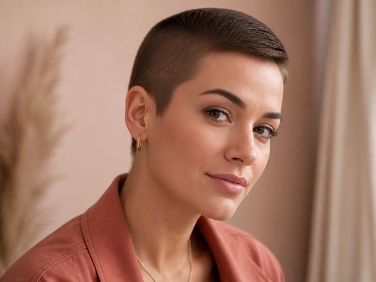 realistic photo of a side-swept buzz cut on thick blonde hair, featuring a longer side and contrasted shaved section, flattering for oval and heart-shaped faces, styled slicked to one side