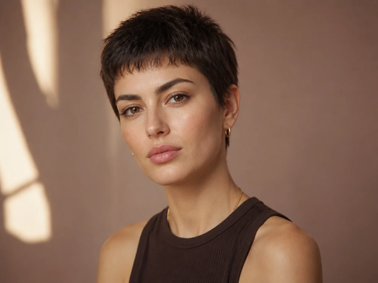 realistic photo of a shaggy buzz cut featuring wispy ends on thick dark auburn hair, suitable for square and oval face shapes, styled with a messy, carefree vibe