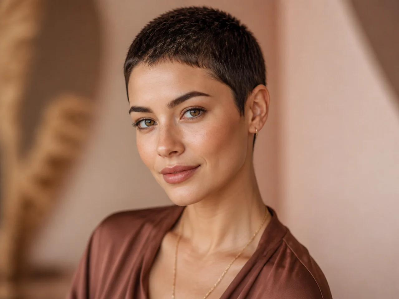realistic photo of a buzzed pixie cut on thick light brown hair, showcasing close-cropped sides with longer top layers, ideal for round and oval face shapes, styled with a polished finish