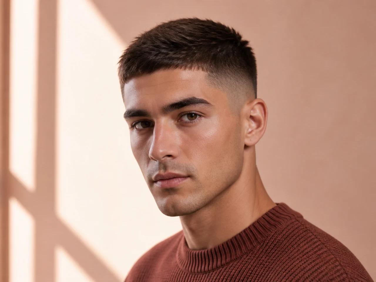 realistic photo of a layered buzz cut with a soft fade on thick ginger hair, perfect for heart and square face shapes, styled with a hint of volume on top