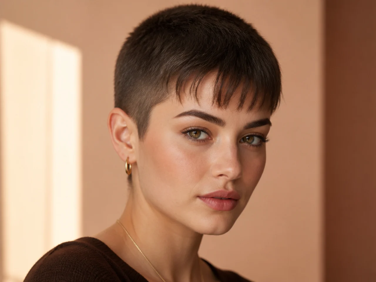 realistic photo of a buzz cut with feathered bangs on thick chestnut hair, ideal for oval and heart-shaped faces, styled naturally with gentle texture