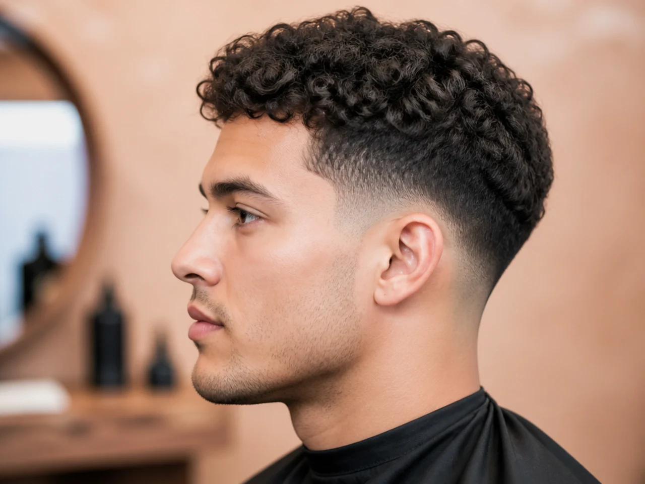 realistic photo of a taper fade transitioning into soft curls, dark blond hair, tailored to a round face shape, exhibiting a bouncy and lively finish
