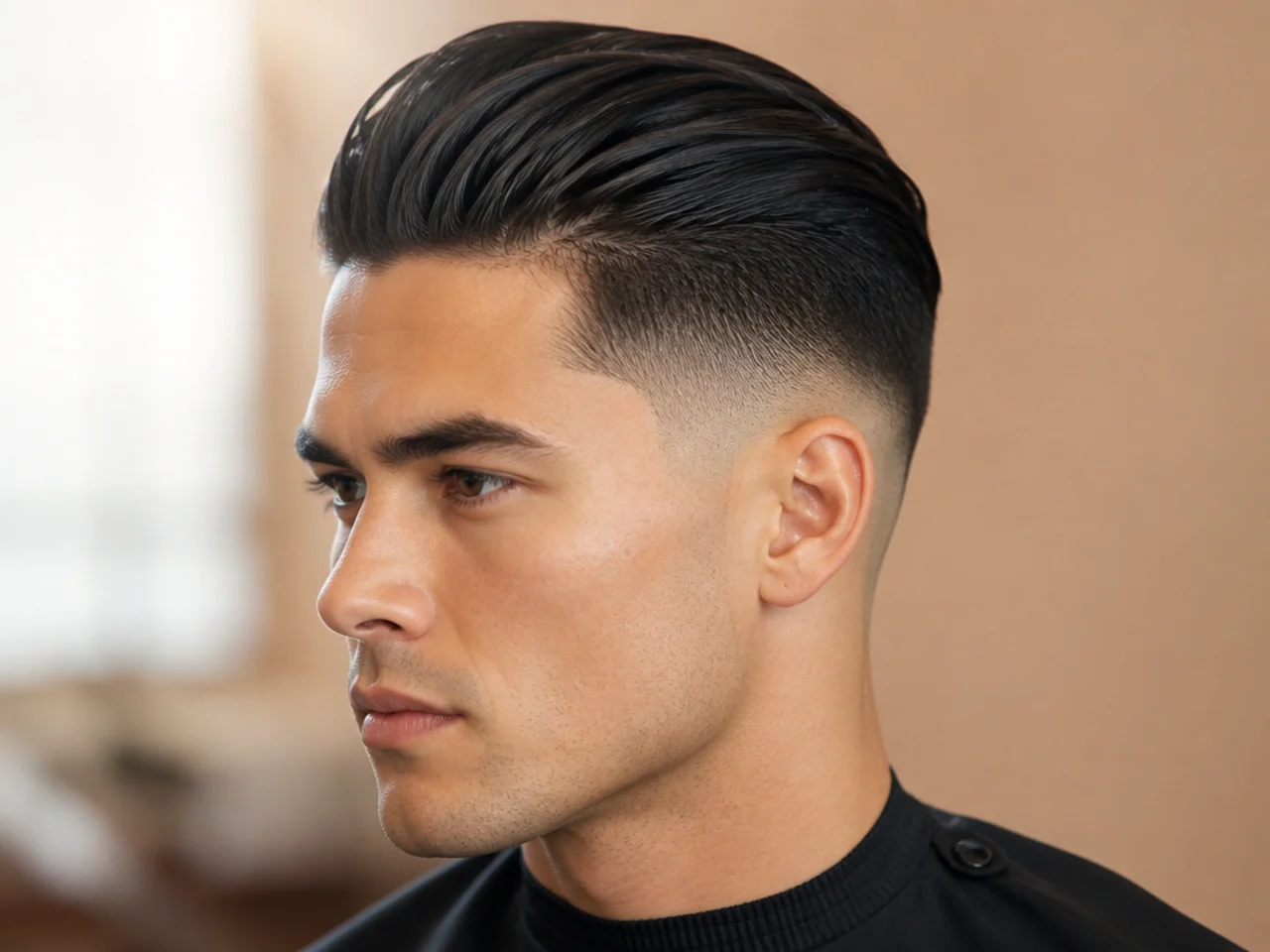 realistic photo of a high fade with a slicked-back undercut, cool platinum color, perfect for square face shapes, revealing a bold and edgy design
