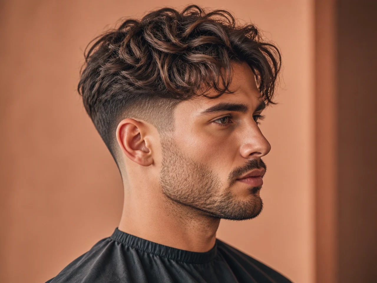 realistic photo of a low fade featuring beachy waves, golden brown hair color, great for heart face shapes, showing tousled textures and movement