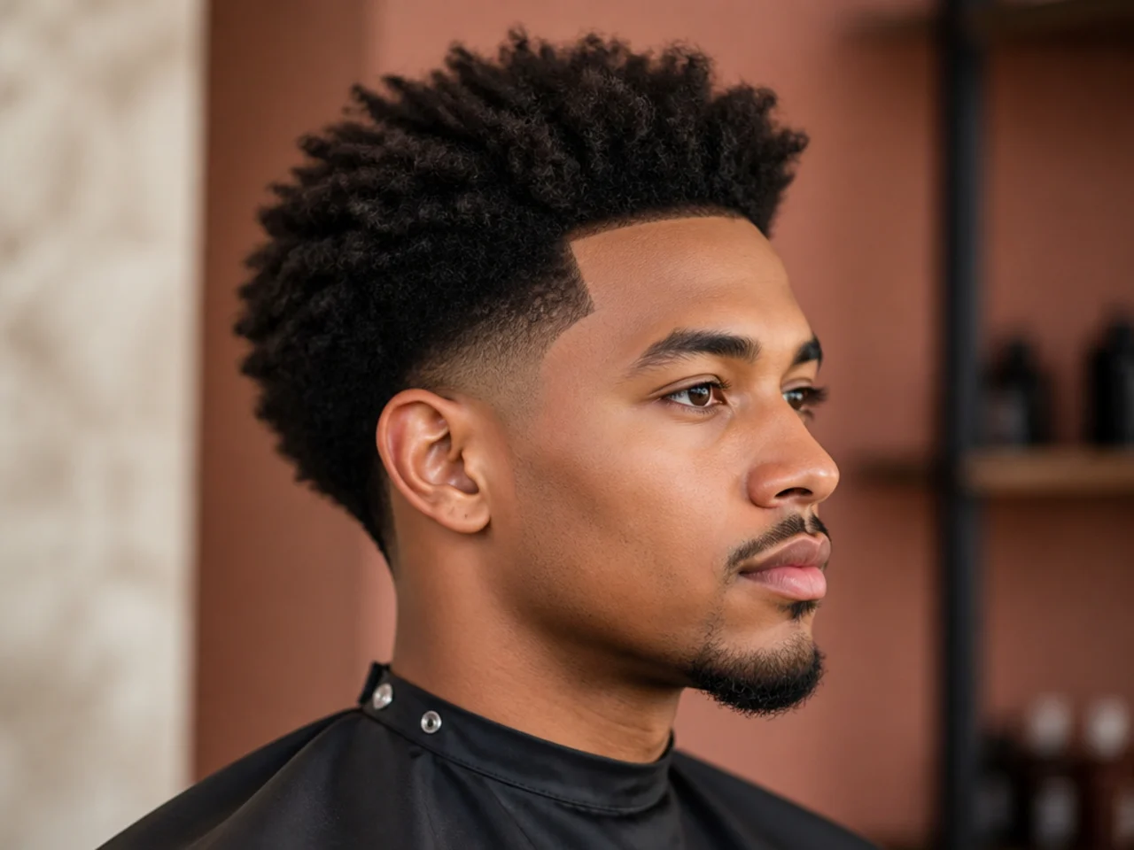 realistic photo of a taper fade complemented by an afro hairstyle, rich black color, fitting for an oblong face shape, displaying full volume and movement