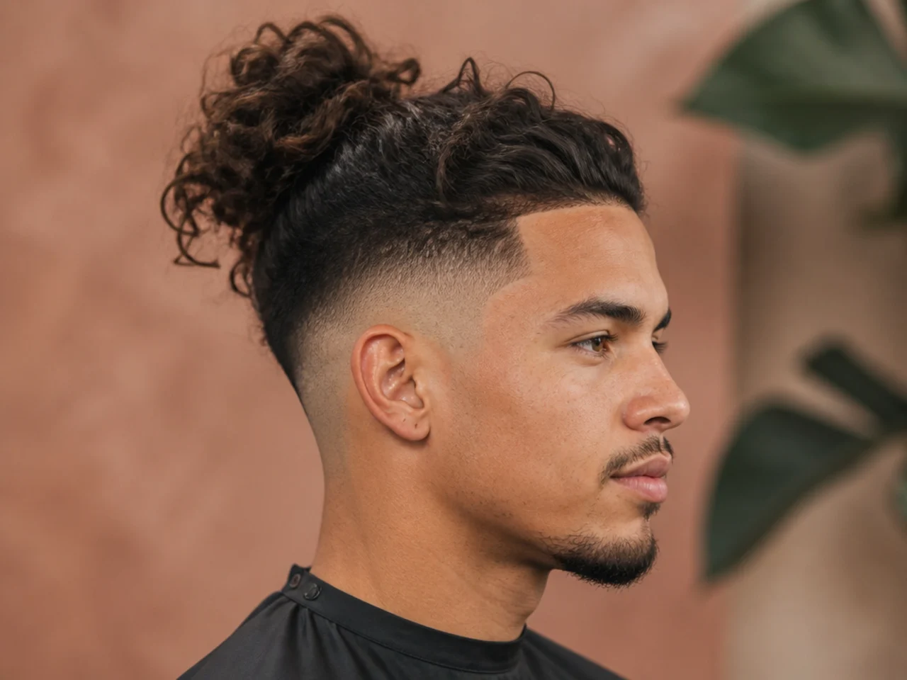 realistic photo of a high fade accompanied by a messy bun, soft caramel highlights, suitable for triangular face shapes, portraying a relaxed yet stylish vibe