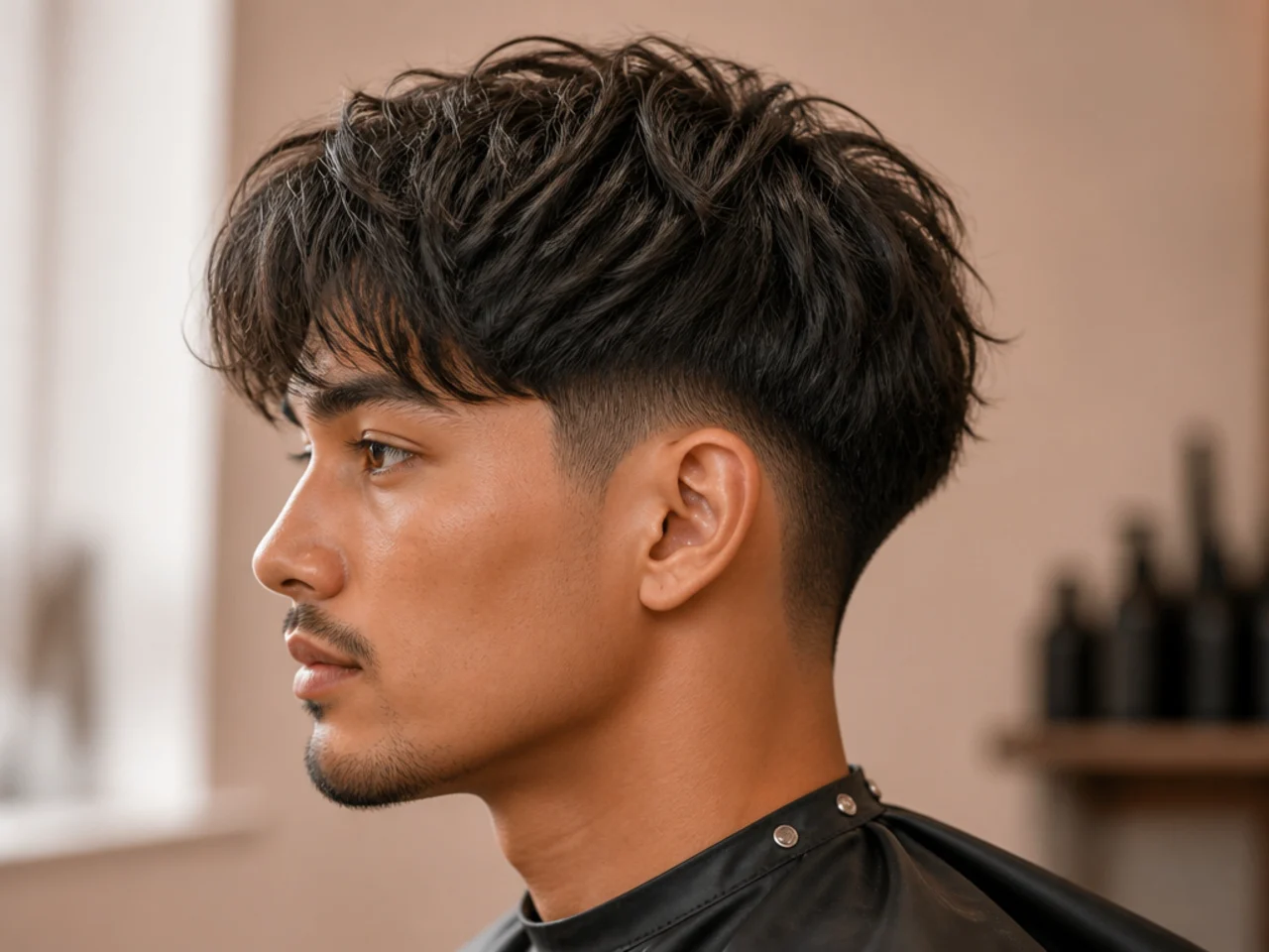realistic photo of a taper fade blending into a textured bob, ashy blonde hair color, designed for an oval face shape, displaying sharp edges and a modern finish