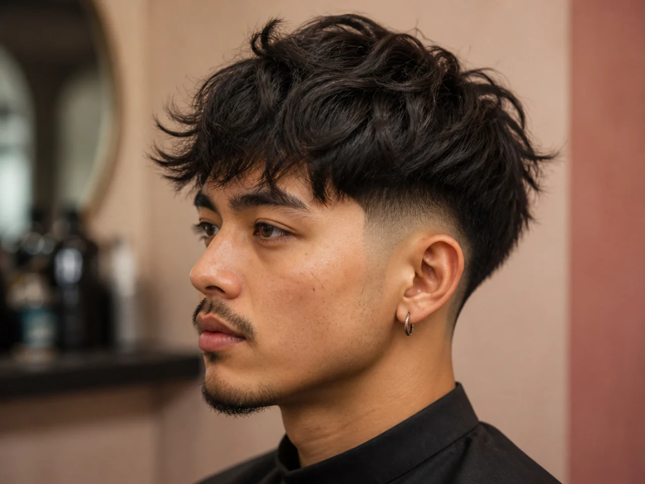 realistic photo of a low fade connecting to shaggy layers, dark chestnut color, created for an oblong face shape, revealing a soft and layered appearance