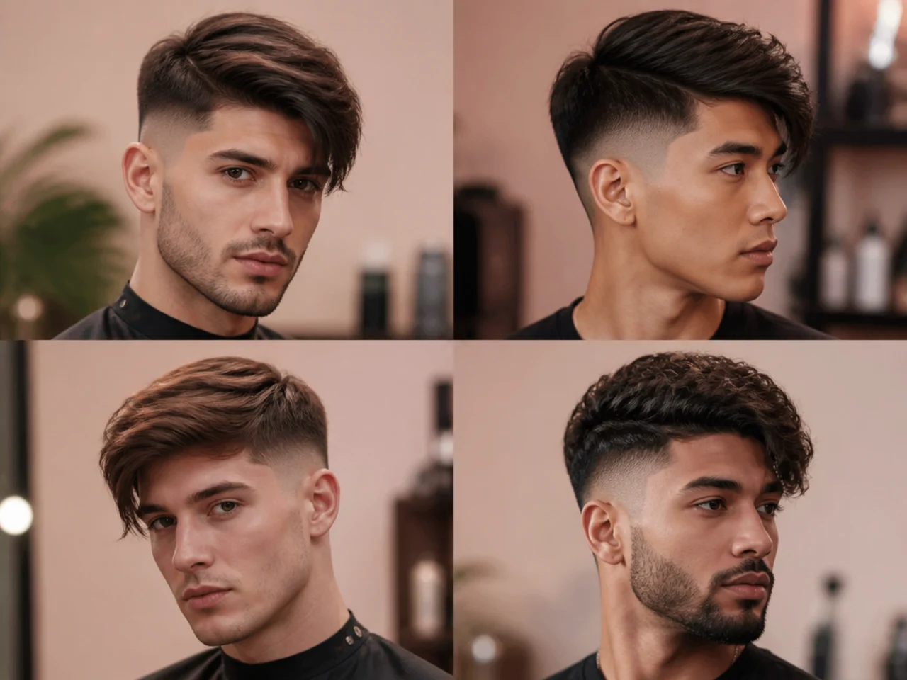 realistic photo of a high fade style with side-swept bangs, rich auburn color, suitable for a diamond face shape, presenting soft angles and fullness