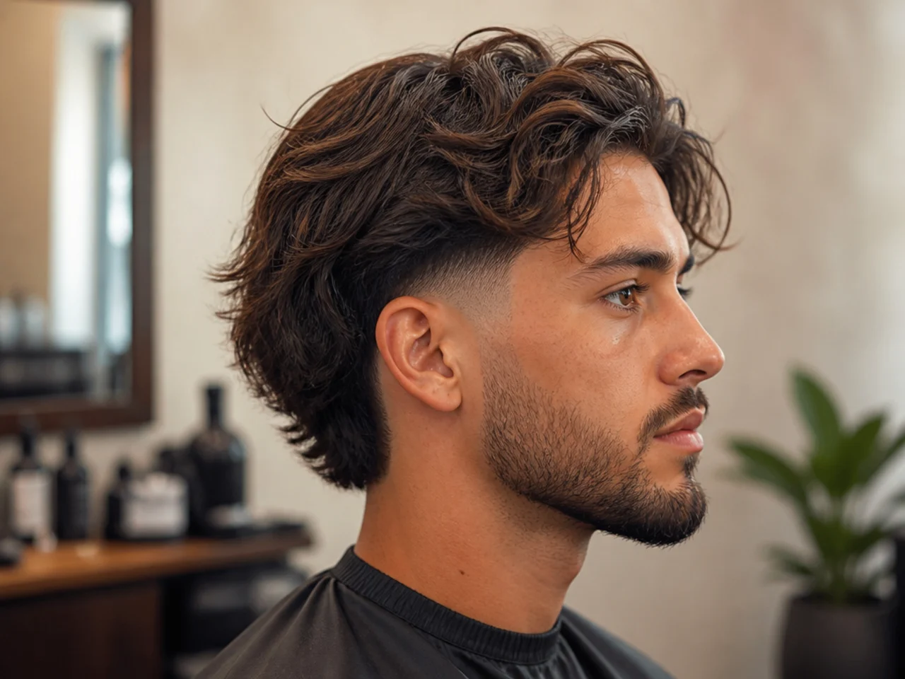 realistic photo of a taper fade blending into a wavy lob, deep black hair color, designed for a triangular face shape, exhibiting loose waves and a modern silhouette