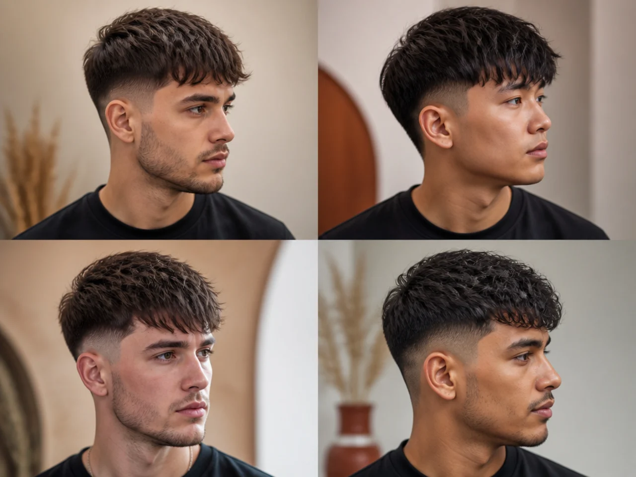realistic photo of a low fade with longer fringe, golden blonde hair color, suited for a pear face shape, showcasing soft, layered fringe