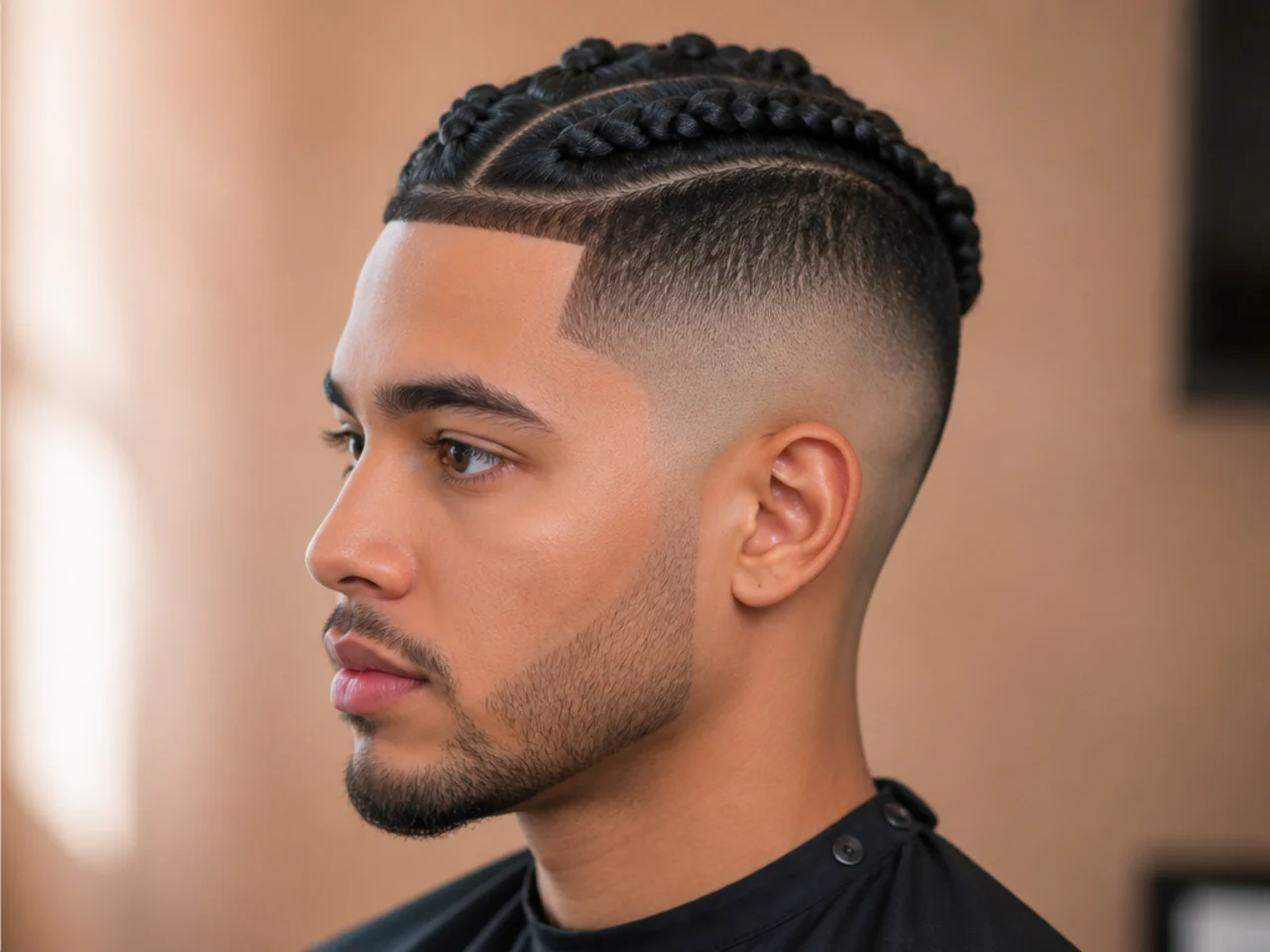 realistic photo of a high fade leading to a braided crown, chestnut brown with caramel highlights, fitting for an oval face shape, highlighting intricate braiding and detail