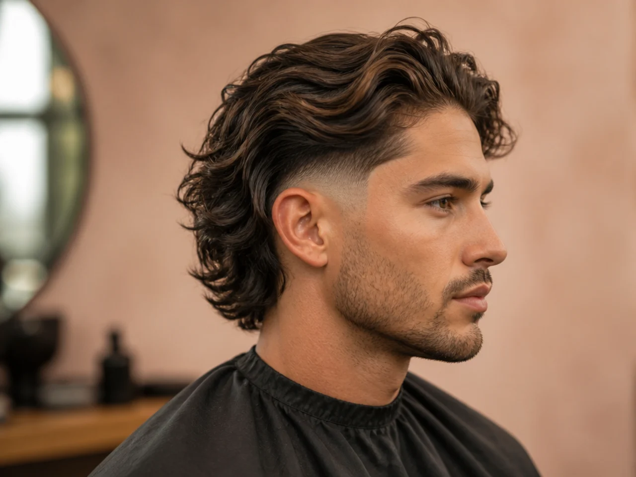 realistic photo of a temple fade with long waves, sandy blond hair, oval face shape, relaxed and beachy vibe