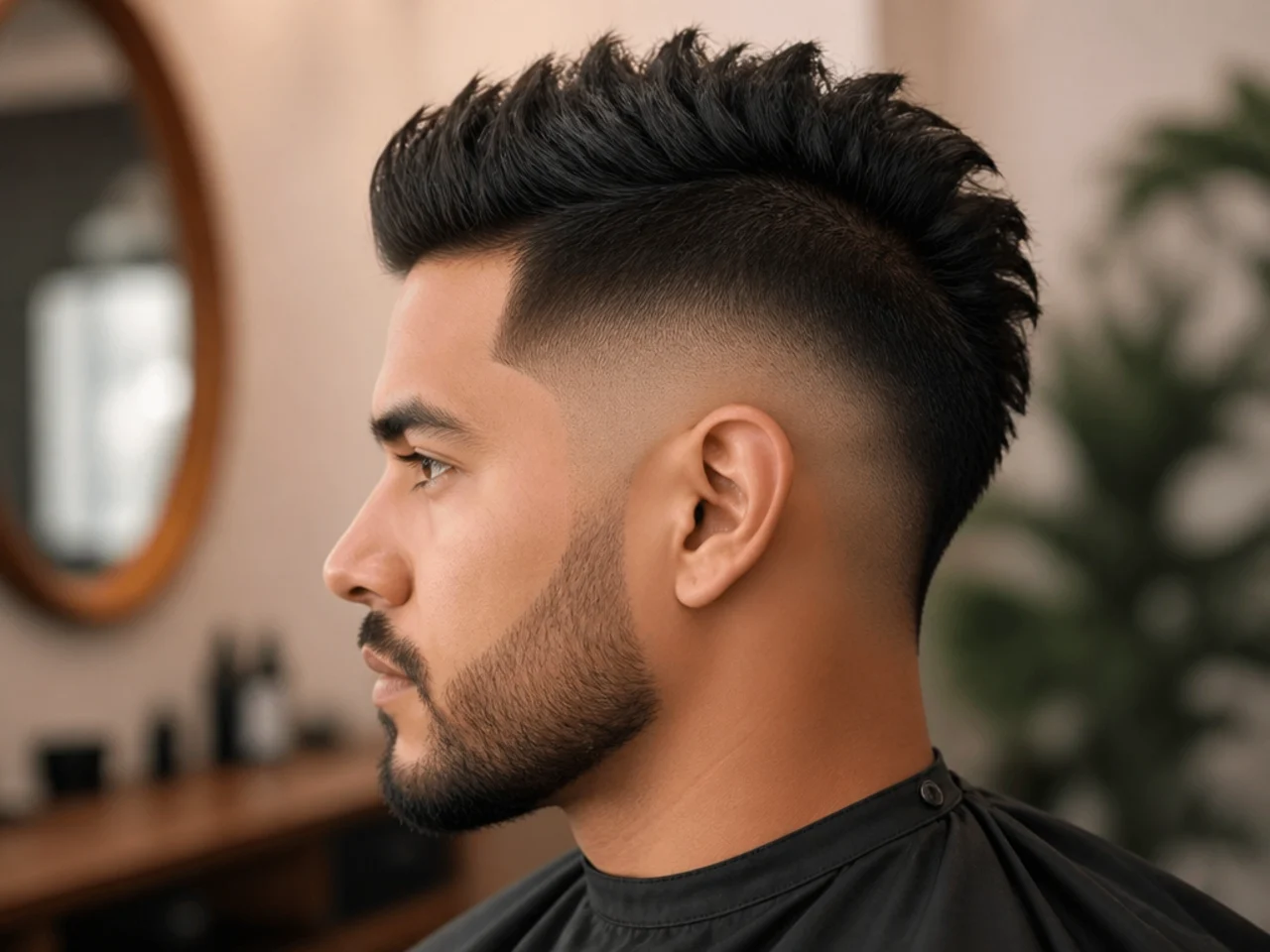 realistic photo of a faux hawk fade, upright dark hair, angular face shape, edgy and fashionable appearance