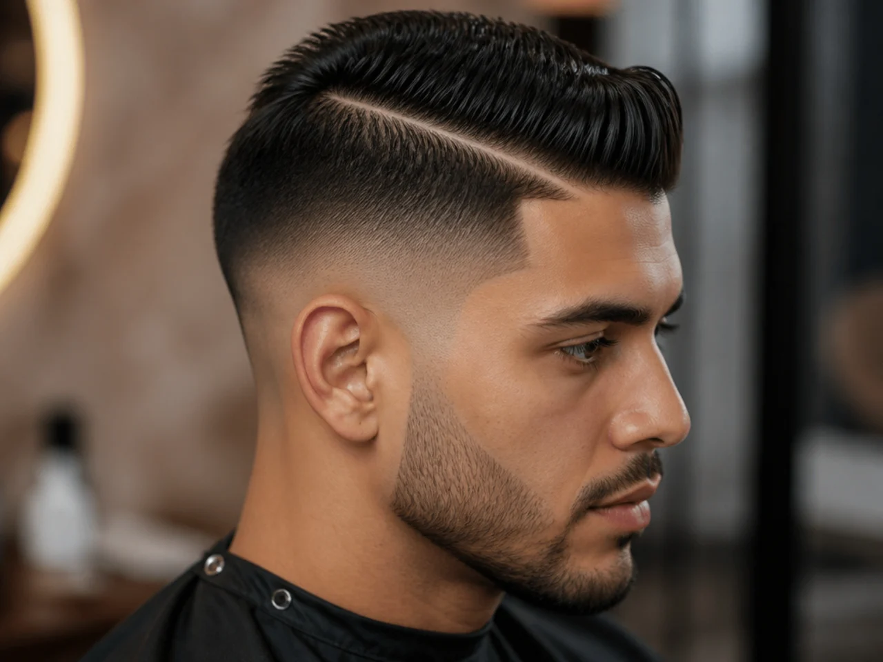 realistic photo of a hard part fade, clean side parting, straight dark hair, rectangular face shape, structured and polished appearance