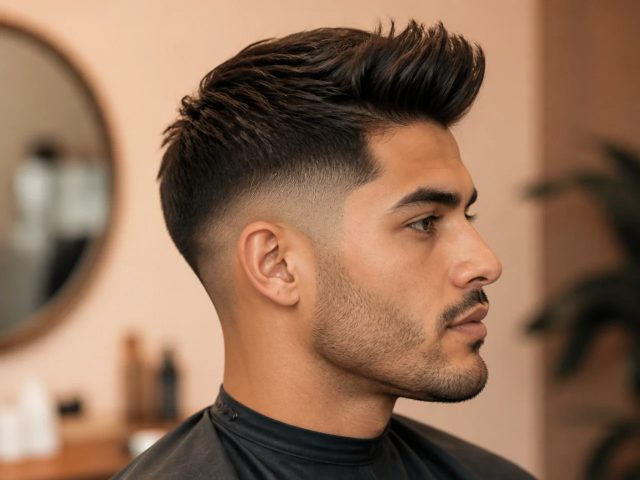 realistic photo of a low drop fade with brushed-up hair, medium-length dark hair, oval face shape, relaxed and stylish appearance
