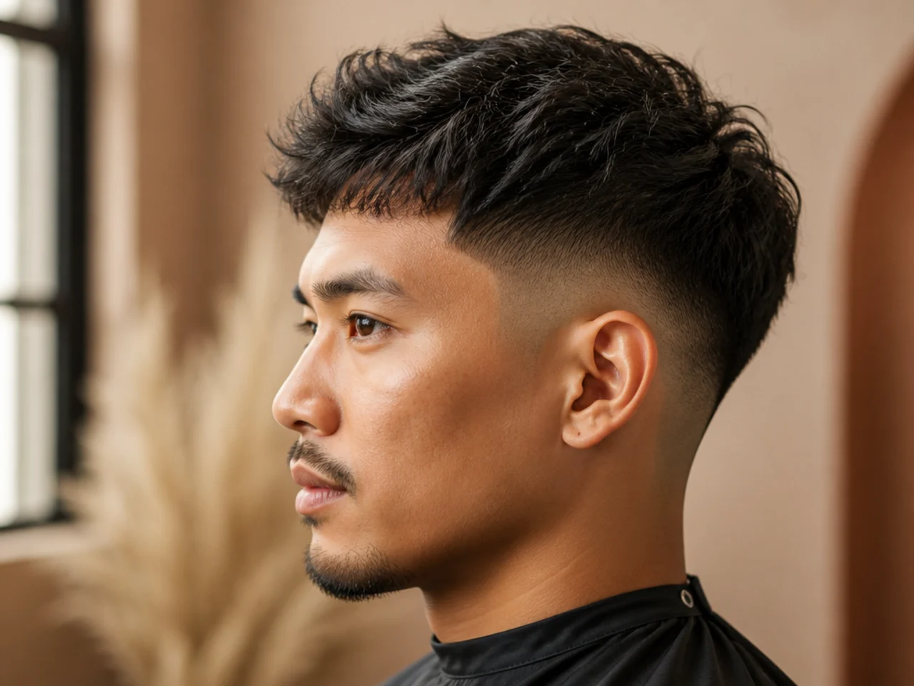 realistic photo of a shadow fade with natural texture, thick curly hair on top, round face shape, balanced and stylish appearance