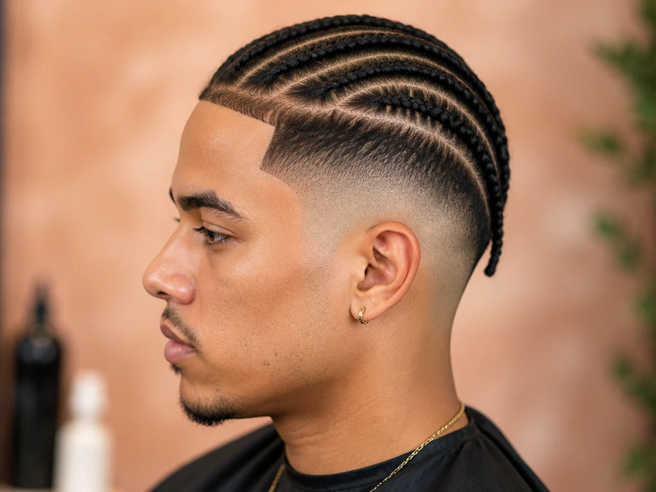 realistic photo of a long fade with braids, long black braided hair, oval face shape, unique and cultural appearance