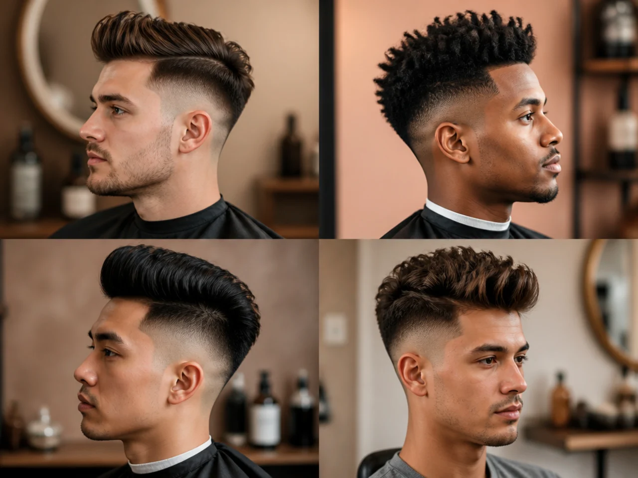 realistic photo of a high fade pompadour, voluminous dark hair styled backward, angular face shape, sleek and polished finish