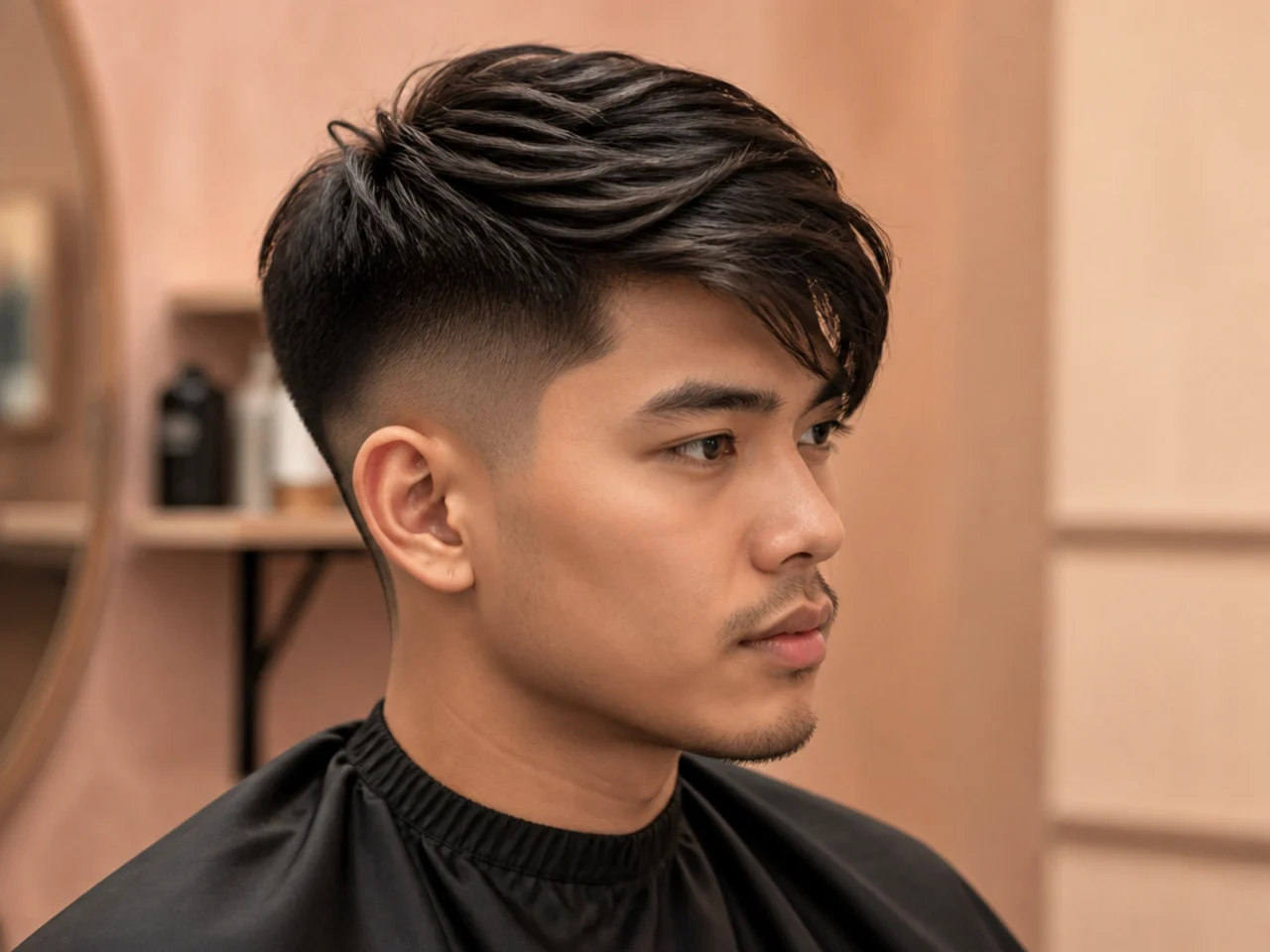 realistic photo of a taper fade with side-swept bangs, medium-length blond hair, oval face shape, casual yet stylish appearance
