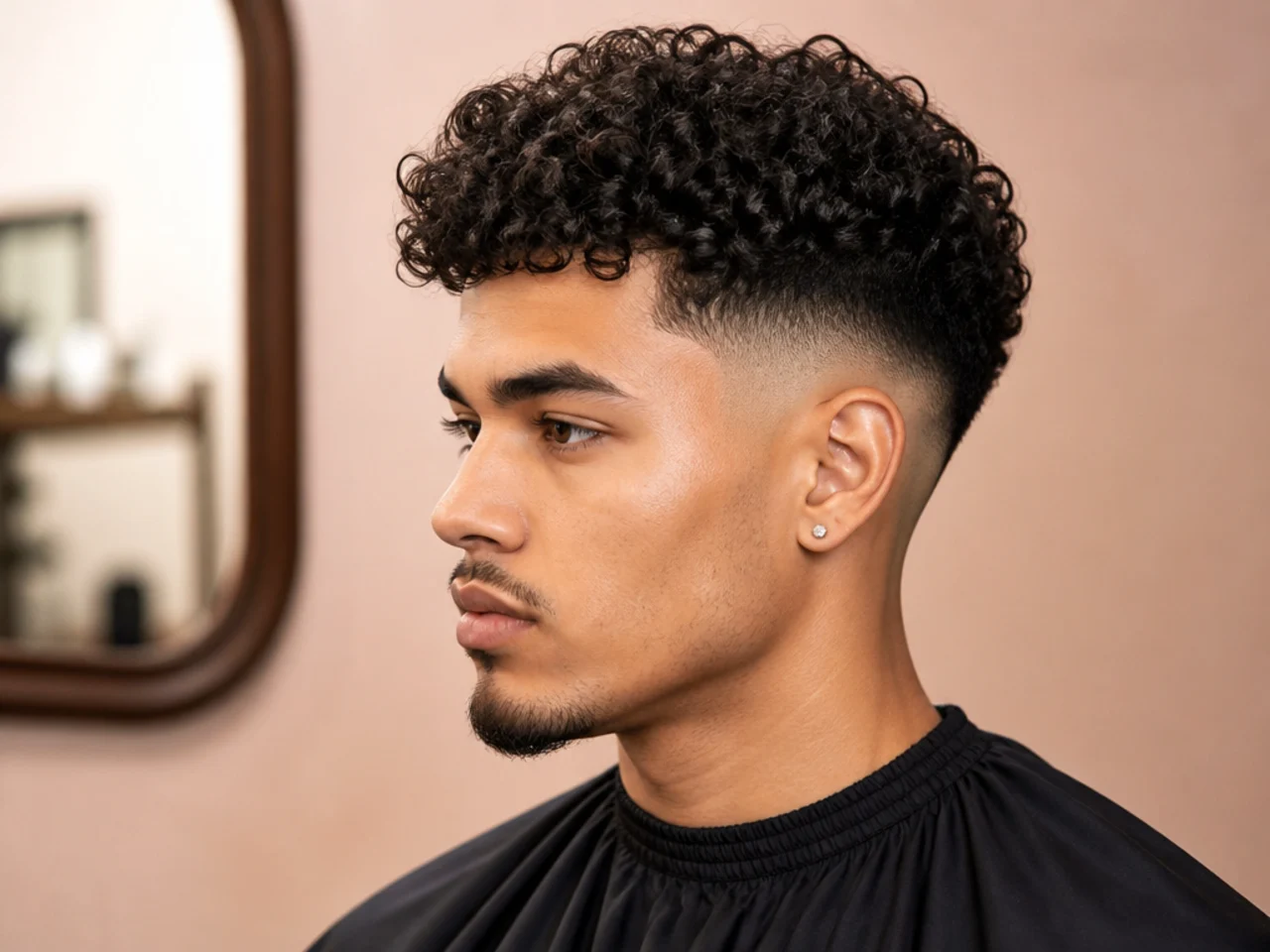 realistic photo of a burst fade with curly hair on top, dark curly hair, round face shape with a voluminous and edgy feel