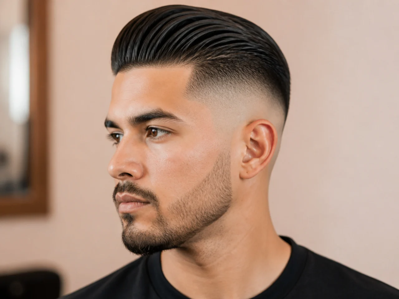 realistic photo of a skin fade with slicked back hair, neat side-parting, straight dark hair, square face shape, polished and sophisticated appearance