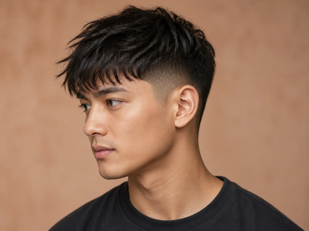 realistic photo of a fade with a fringe, medium brown hair, heart-shaped face, playful and youthful vibe