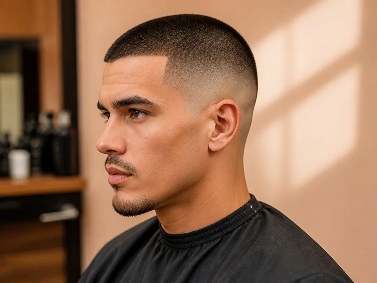 realistic photo of a fade with a buzz cut, very short dark hair, triangular face shape, clean and minimalistic appearance