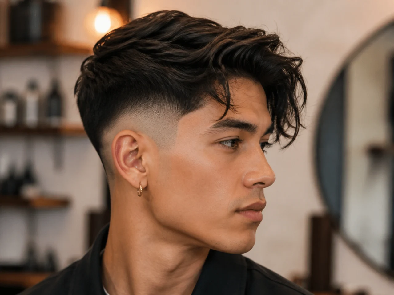 realistic photo of a disconnect fade with long hair on top, medium-length wavy hair, oval face shape, stylish and edgy appearance
