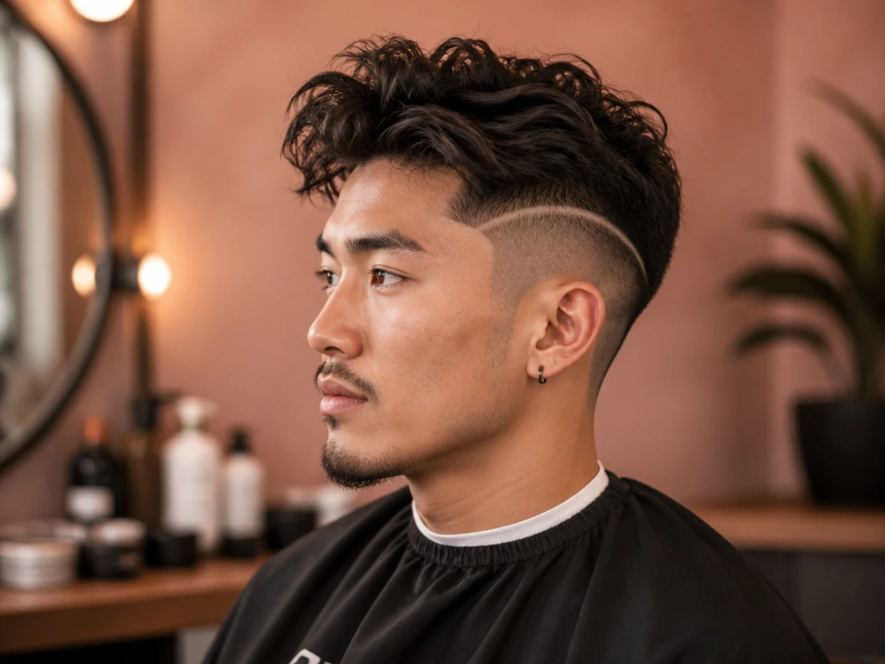 realistic photo of a mid fade with an undercut, straight black hair, square face shape, striking and bold appearance