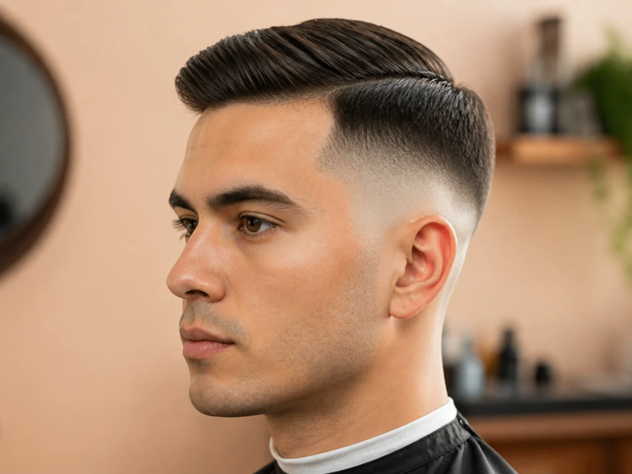 realistic photo of a man with a skin fade and Ivy League cut, featuring light brown hair, suitable for oval and square face shapes