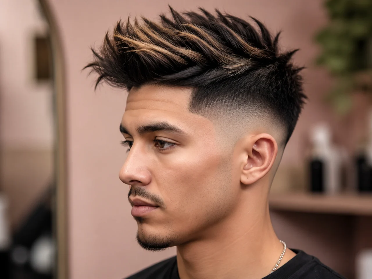 realistic photo of a man with a skin fade and upward highlights, featuring medium blonde hair with light highlights, ideal for round and square face shapes