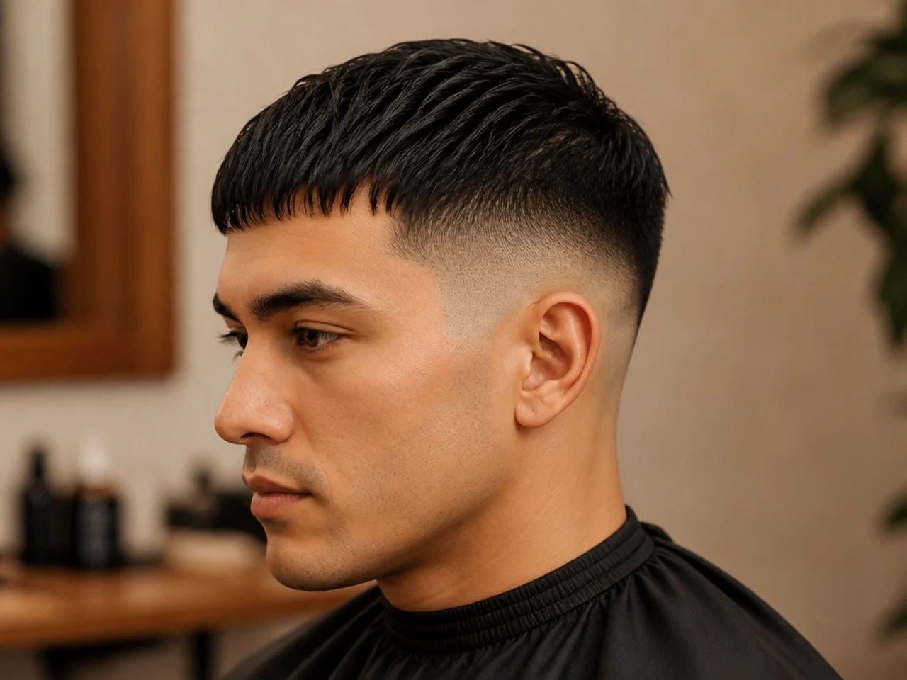realistic photo of a man with a skin fade and Caesar cut, featuring dark blonde hair, suitable for all face shapes