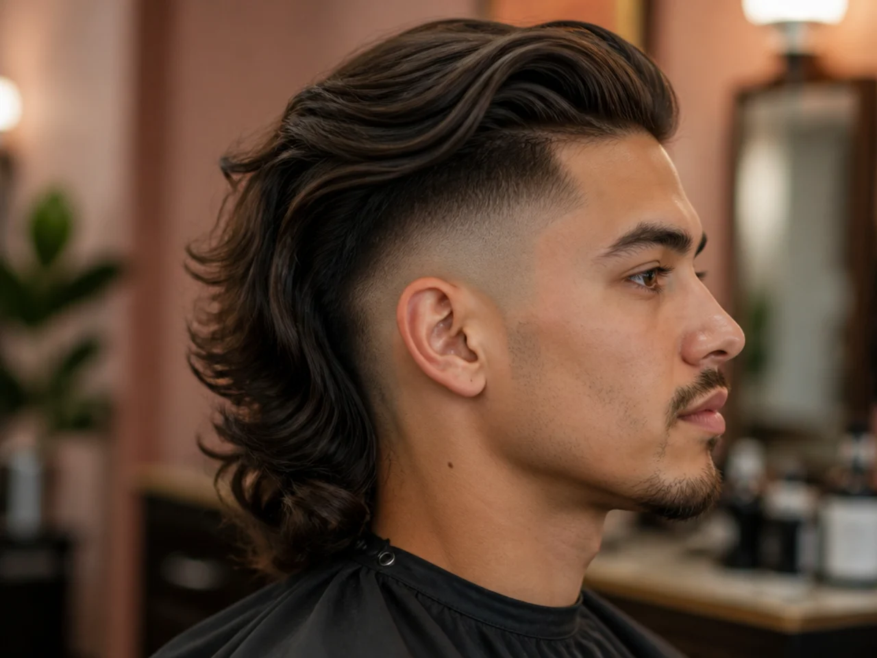 realistic photo of a man with a skin fade and long flowing hair on top, featuring wavy dark brown hair, suitable for oval and rectangular face shapes