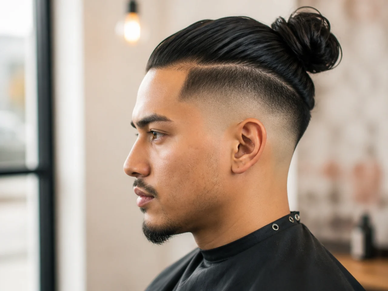 realistic photo of a man with a skin fade and man bun, featuring dark hair and a well-groomed beard, ideal for oval and square face shapes