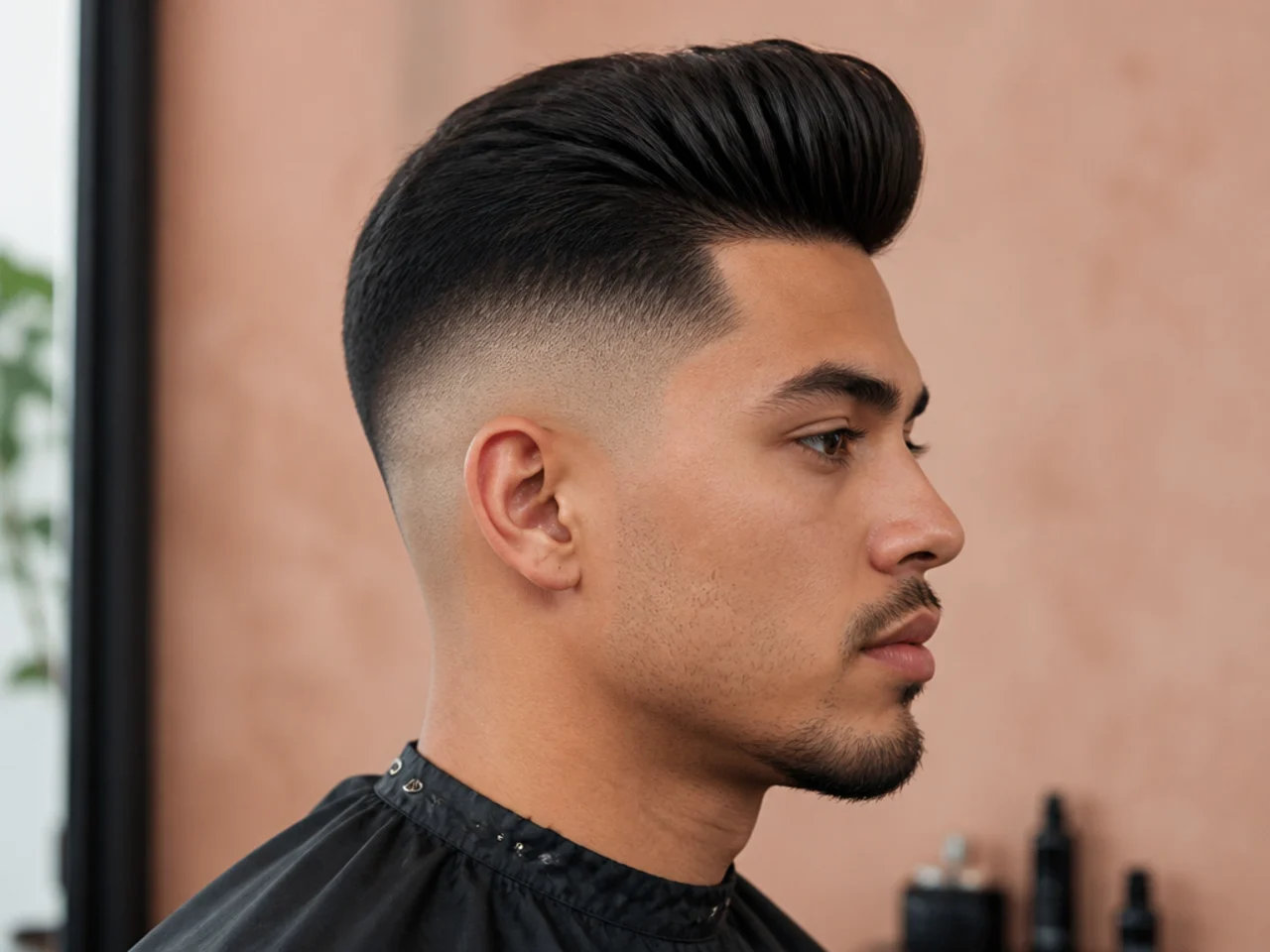 realistic photo of a man with a high skin fade and a voluminous pompadour, featuring dark black hair, perfect for rectangular and heart-shaped face shapes