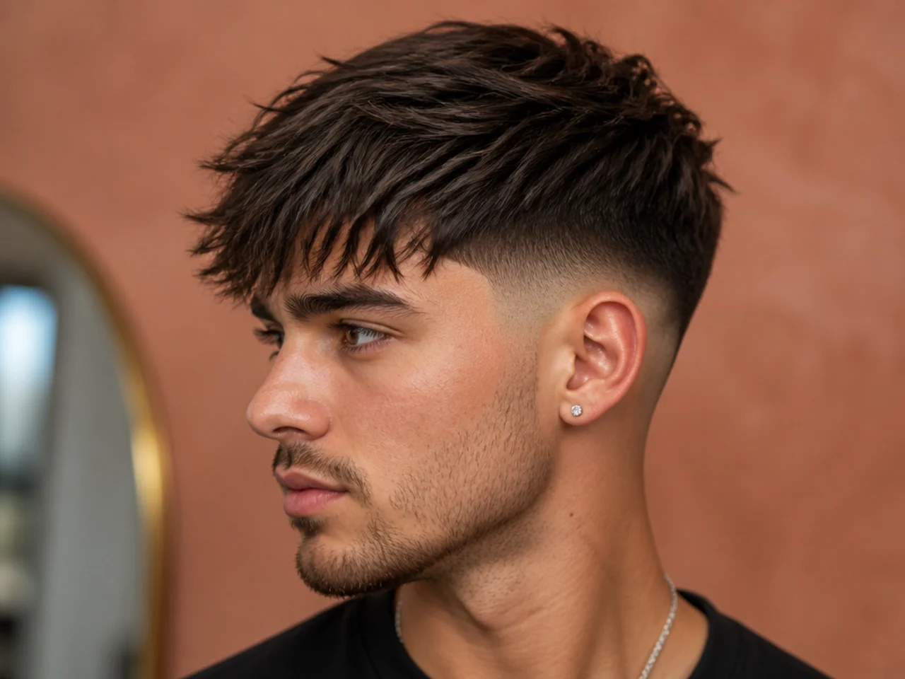 realistic photo of a man with a skin fade and fringe, featuring medium brown hair, perfect for oval and square face shapes