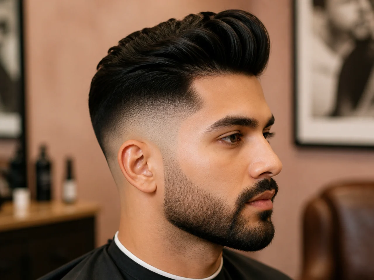 realistic photo of a man sporting a skin fade with a quiff, featuring dark blonde hair, suited for triangular and heart-shaped face shapes