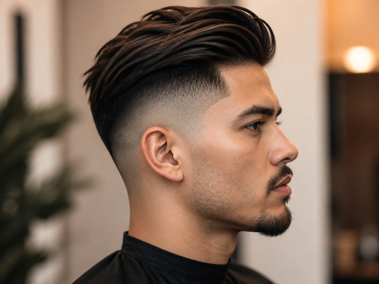 realistic photo of a man with an undercut fade and long top, featuring black hair, ideal for rectangular face shapes
