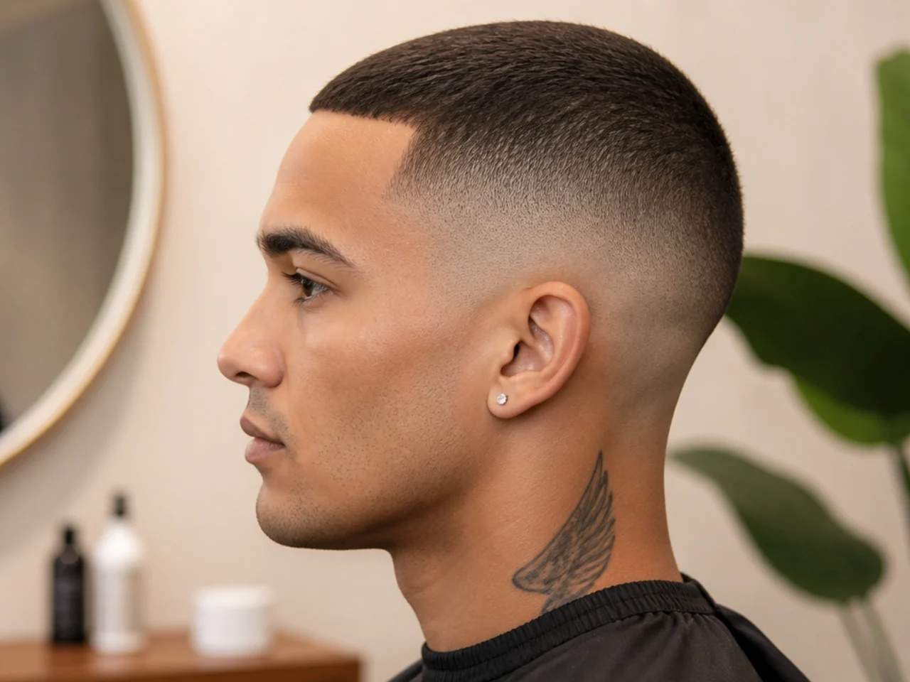 realistic photo of a man with a skin fade and crew cut, featuring dark brown hair, suited for all face shapes