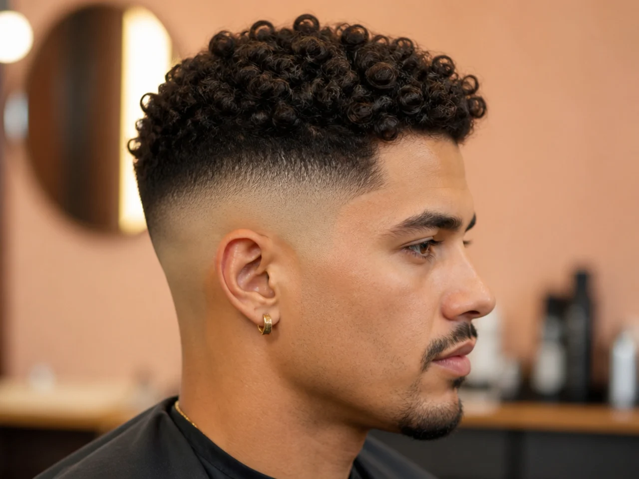 realistic photo of a man with a high bald fade and short curls, featuring dark curly hair, great for round and oval face shapes