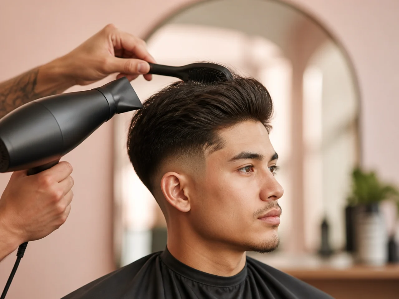 Barber blow-drying damp hair forward with a round brush and a concentrator nozzle
