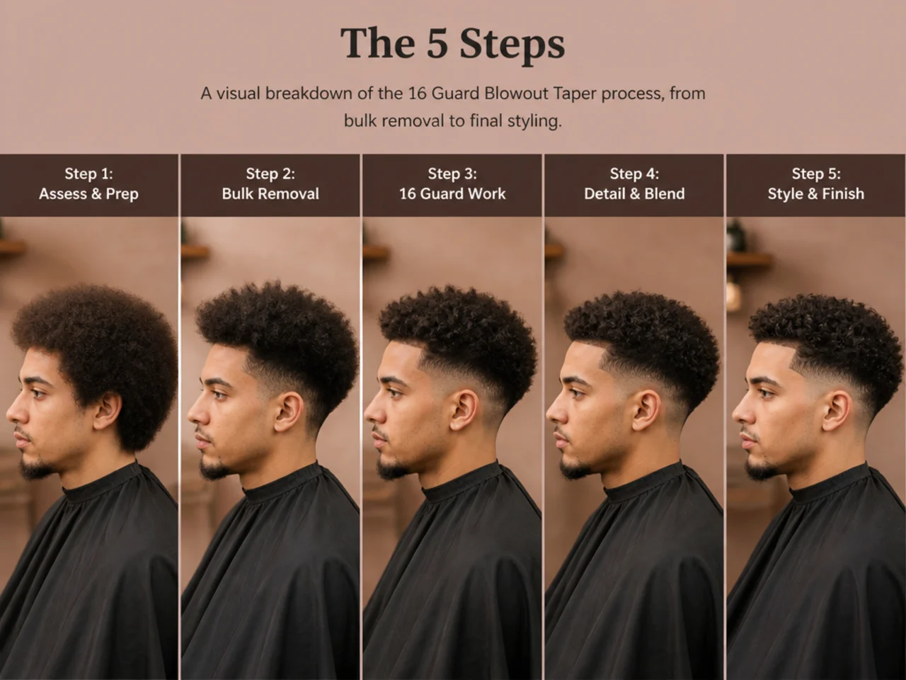 Side-profile portrait of a 16 guard blowout taper — round-brushed top, soft taper hugging the temple